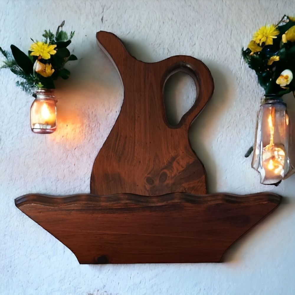 Vintage Wood Pitcher‎ Wall Pocket Plaque Planter Hanging Colonial Revival Rustic